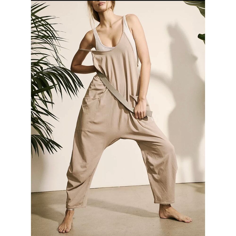 Free People Movemen Mocha Latte oversized Hot Shot Jumpsuit Sz small